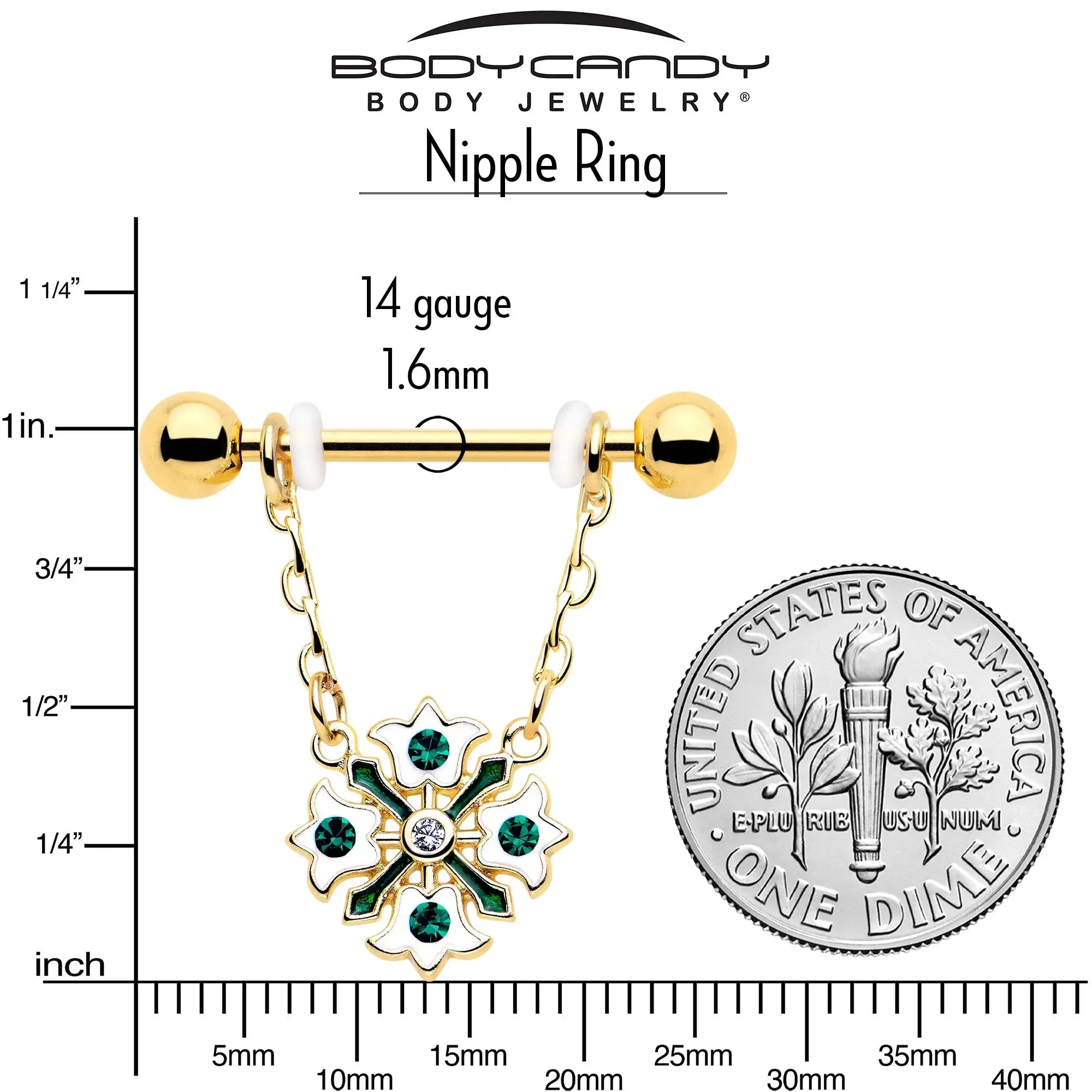 14G 9/16 Green Gem Gold Tone Flower Wreath Dangle Nipple Ring Set - BodyCandy - Flyclothing LLC