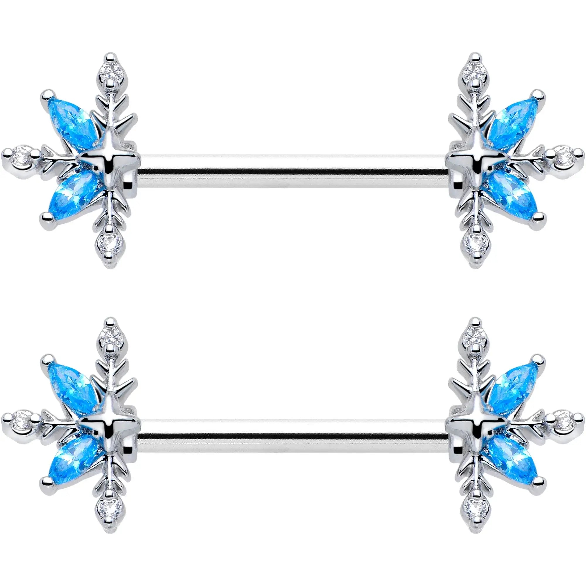 14G 9/16 Blue CZ Gem Classic Flower Barbell Nipple Ring Set - BodyCandy - Flyclothing LLC