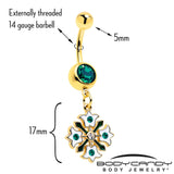 Green Gem Gold Tone Flower Wreath Dangle Belly Ring - BodyCandy - Flyclothing LLC