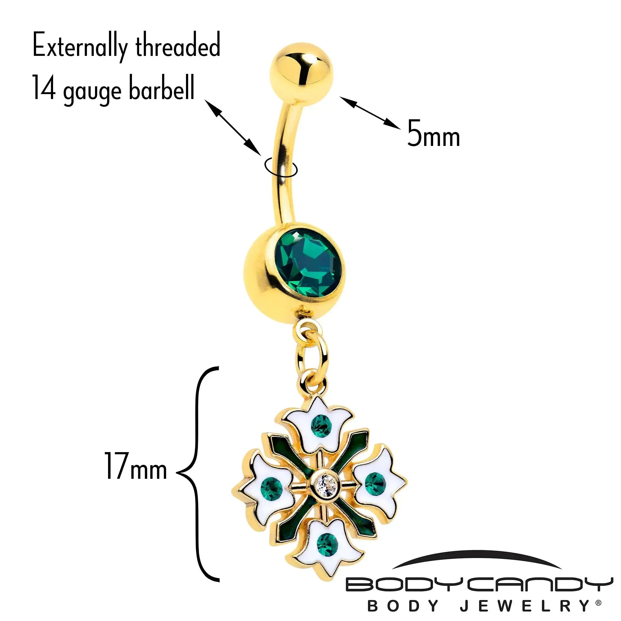 Green Gem Gold Tone Flower Wreath Dangle Belly Ring - BodyCandy - Flyclothing LLC