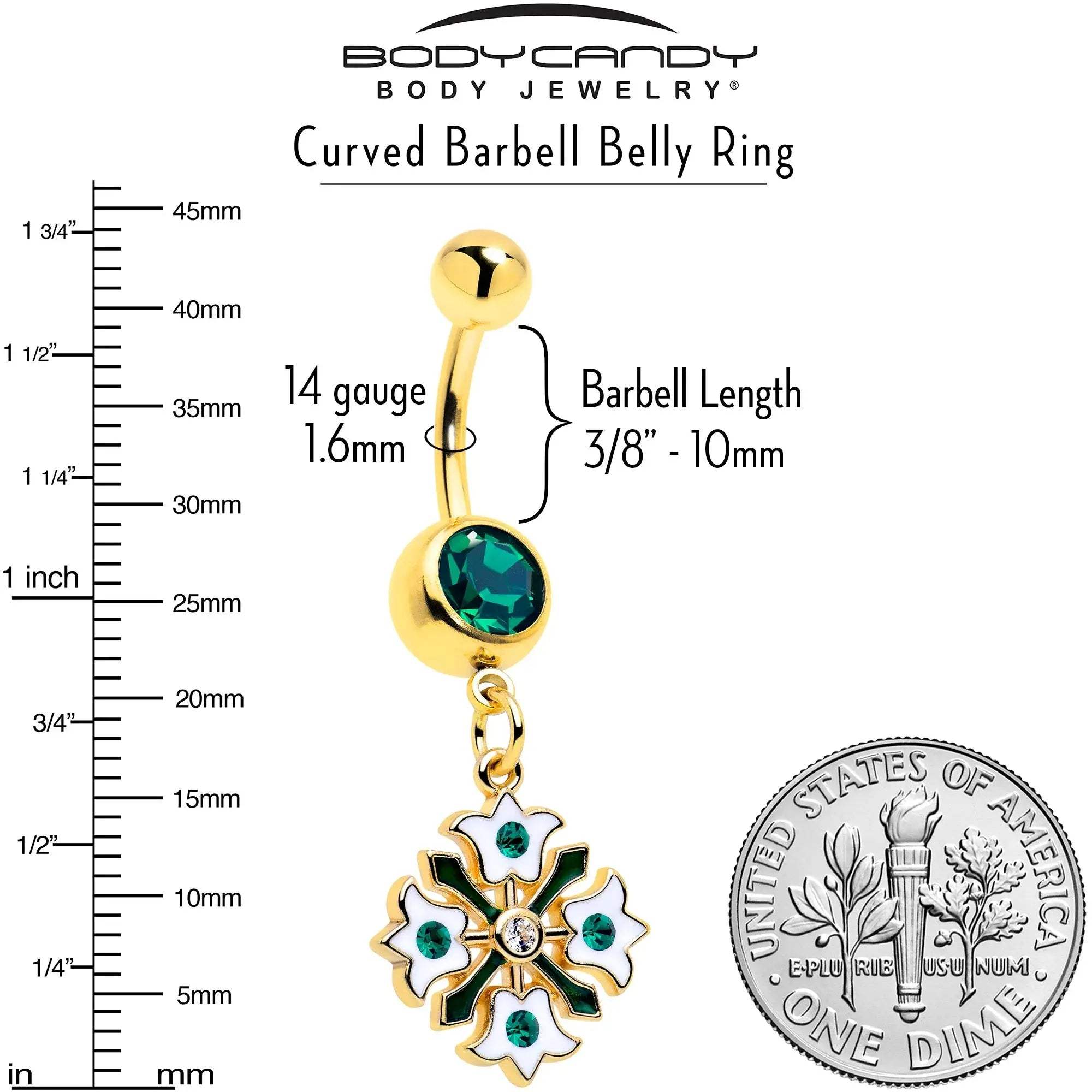 Green Gem Gold Tone Flower Wreath Dangle Belly Ring - BodyCandy - Flyclothing LLC