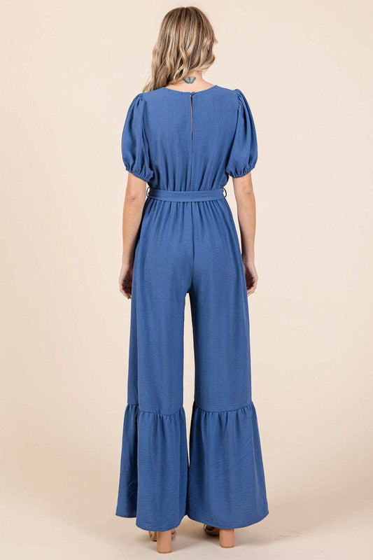GeeGee Full Size V-Neck Belted Wide Leg Jumpsuit - Trendsi - Flyclothing LLC