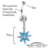 Clear Blue CZ Gem Classic Flower Dangle Belly Ring - BodyCandy - Flyclothing LLC