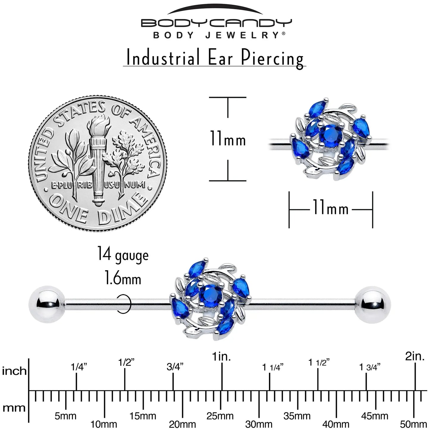 14G Blue Gem Twining Vine Industrial Barbell 38mm - BodyCandy - Flyclothing LLC