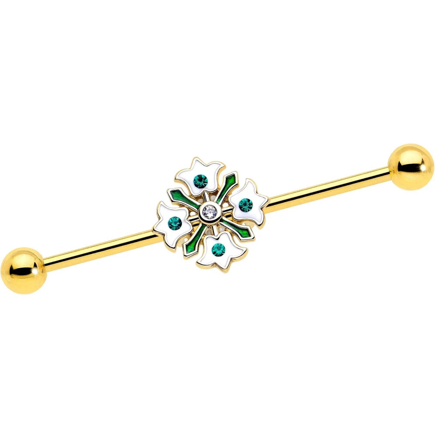 14G Green Gem Gold Tone Flower Wreath Industrial Barbell 38mm - BodyCandy - Flyclothing LLC