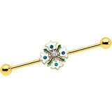 14G Green Gem Gold Tone Flower Wreath Industrial Barbell 38mm - BodyCandy - Flyclothing LLC