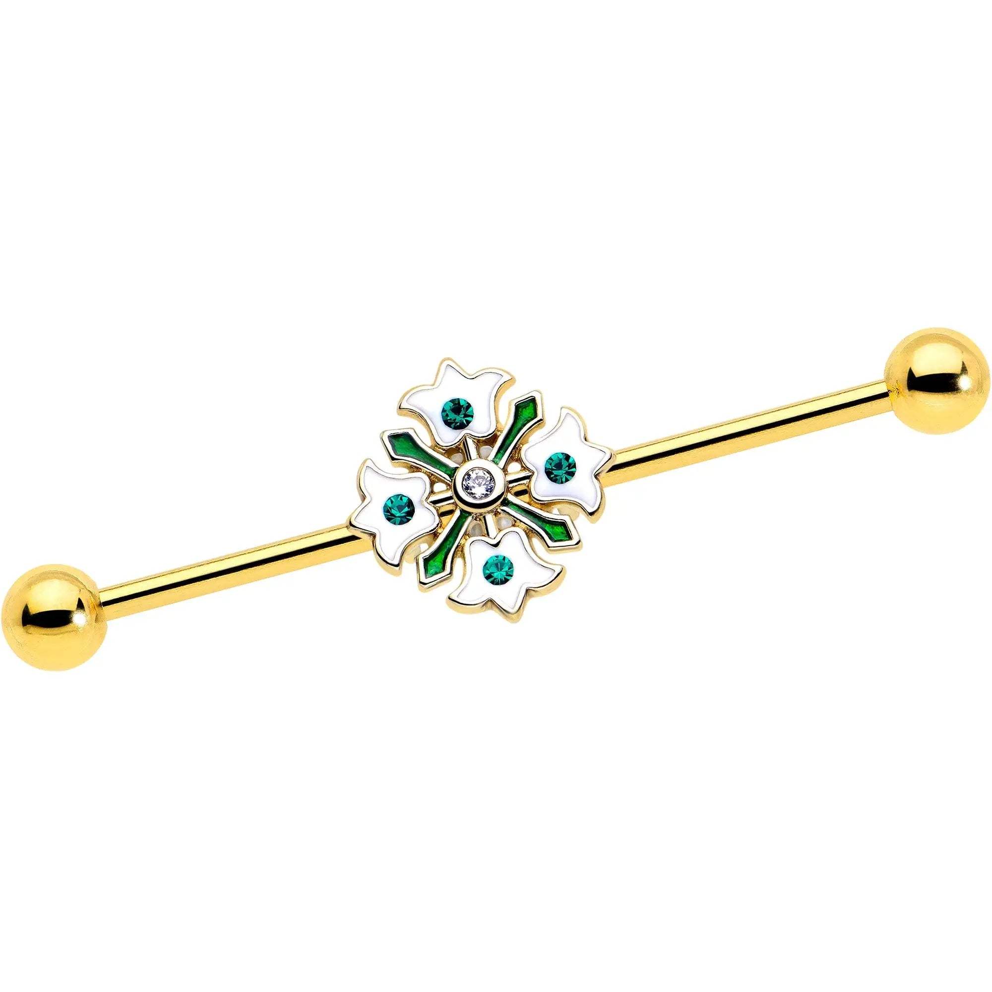 14G Green Gem Gold Tone Flower Wreath Industrial Barbell 38mm - BodyCandy - Flyclothing LLC