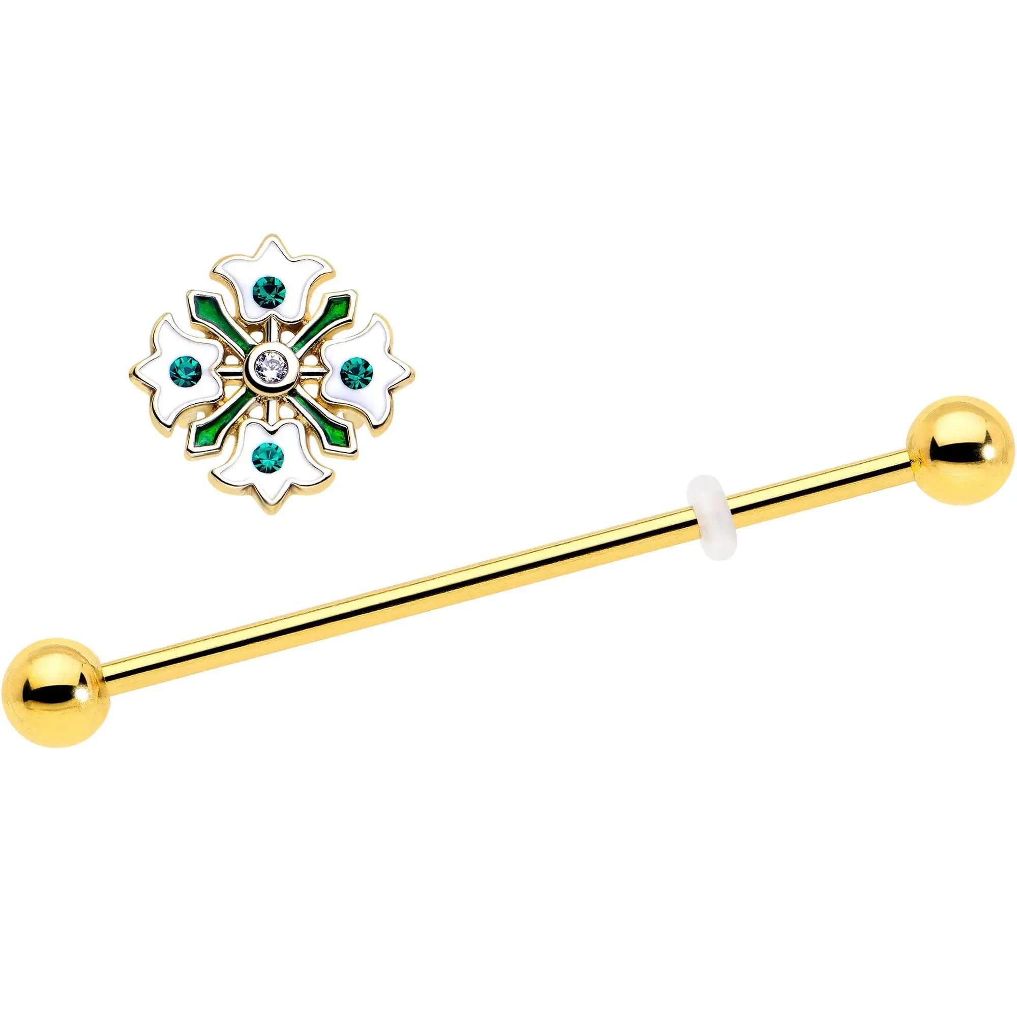 14G Green Gem Gold Tone Flower Wreath Industrial Barbell 38mm - BodyCandy - Flyclothing LLC