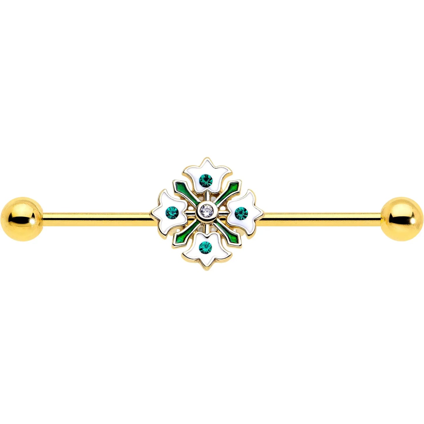14G Green Gem Gold Tone Flower Wreath Industrial Barbell 38mm - BodyCandy - Flyclothing LLC