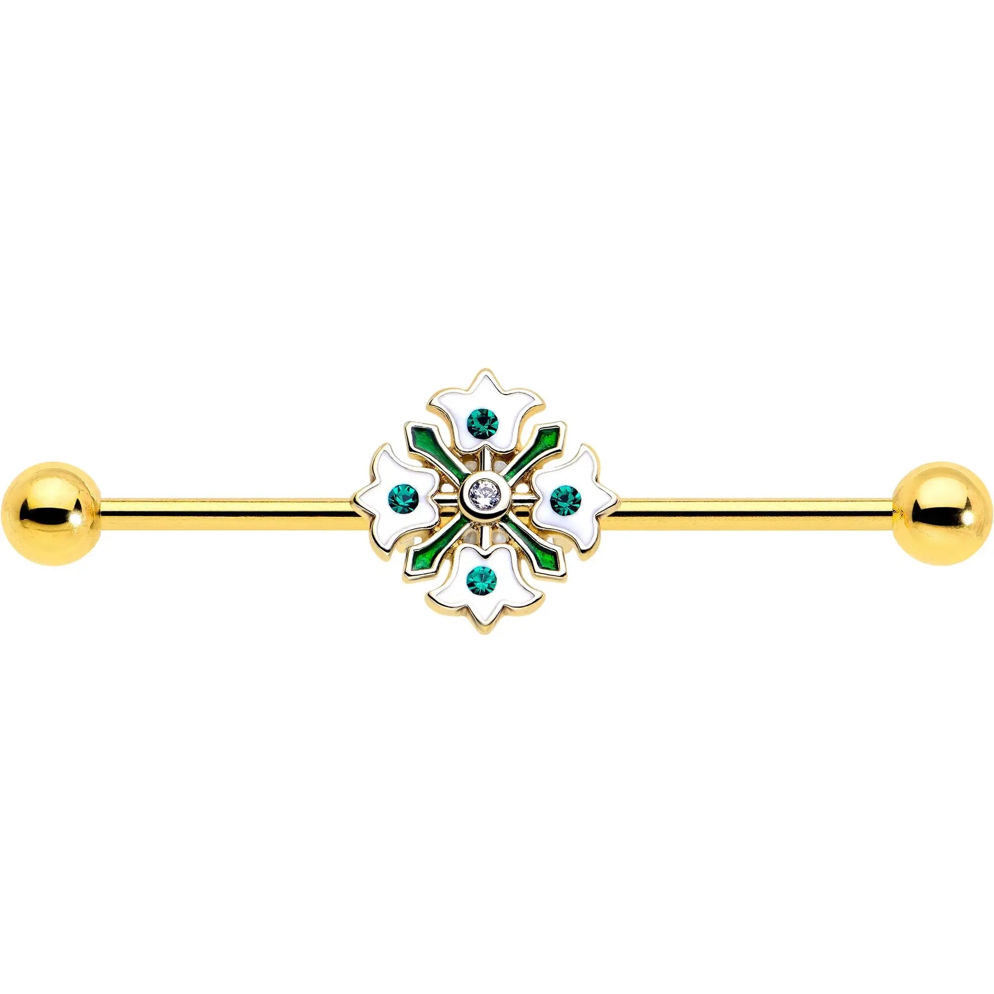 14G Green Gem Gold Tone Flower Wreath Industrial Barbell 38mm - BodyCandy - Flyclothing LLC