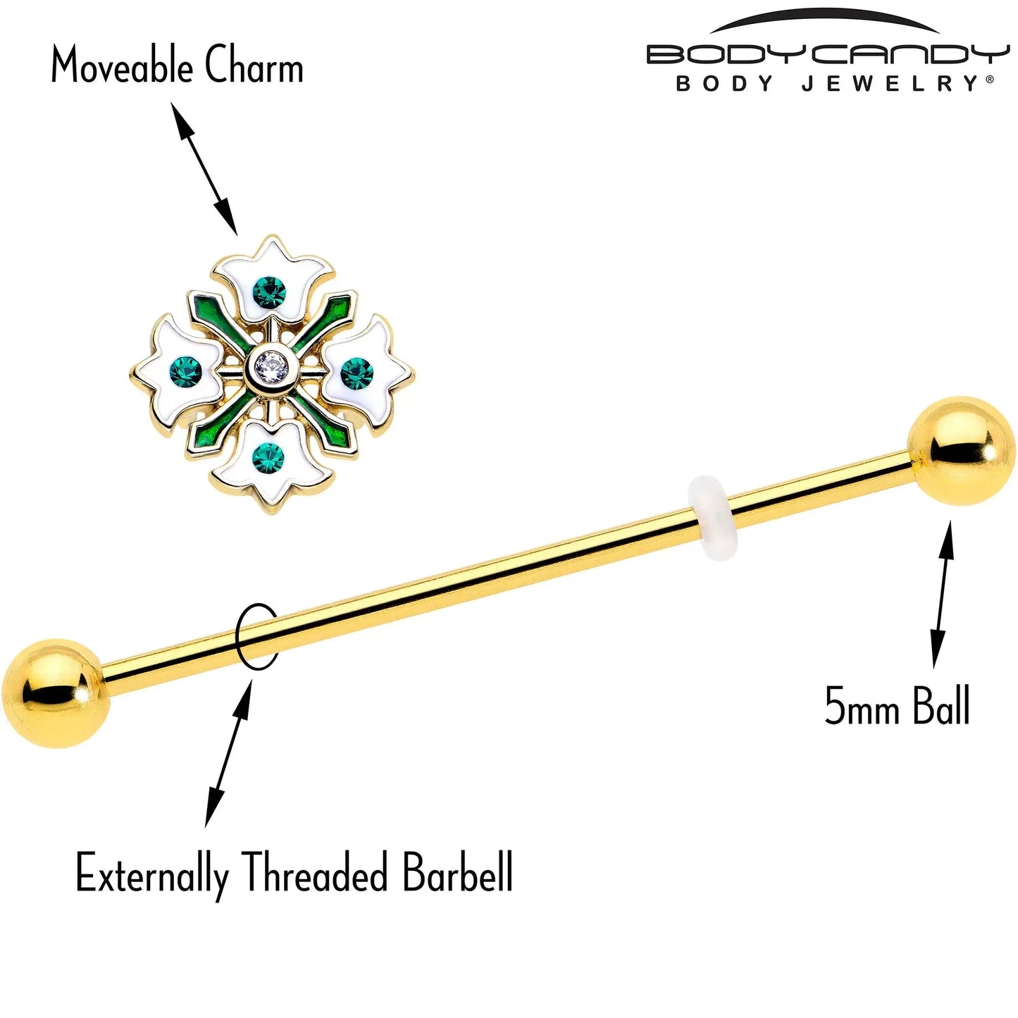 14G Green Gem Gold Tone Flower Wreath Industrial Barbell 38mm - BodyCandy - Flyclothing LLC