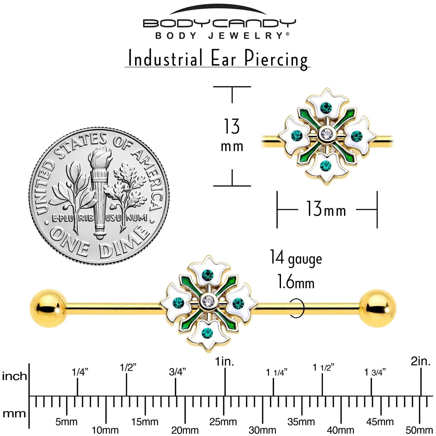 14G Green Gem Gold Tone Flower Wreath Industrial Barbell 38mm - BodyCandy - Flyclothing LLC