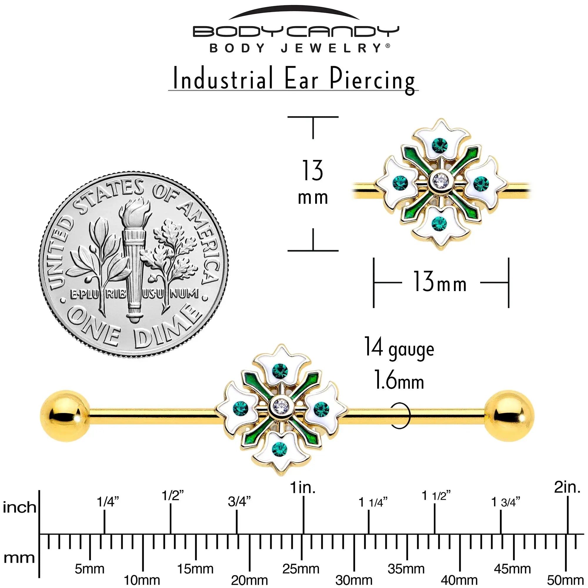 14G Green Gem Gold Tone Flower Wreath Industrial Barbell 38mm - BodyCandy - Flyclothing LLC