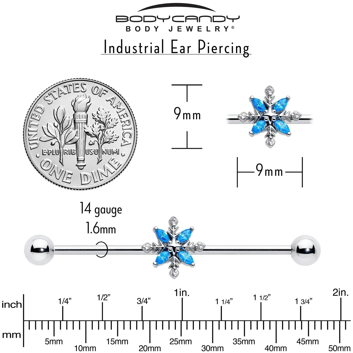 14G Blue CZ Gem Classic Flower Industrial Barbell 38mm - BodyCandy - Flyclothing LLC
