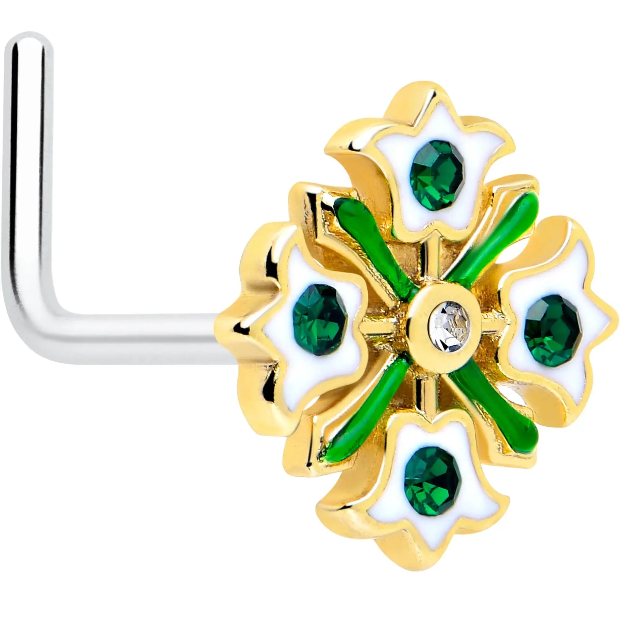 20G 7mm Green Gem Flower Wreath L Shape Nose Ring - BodyCandy - Flyclothing LLC
