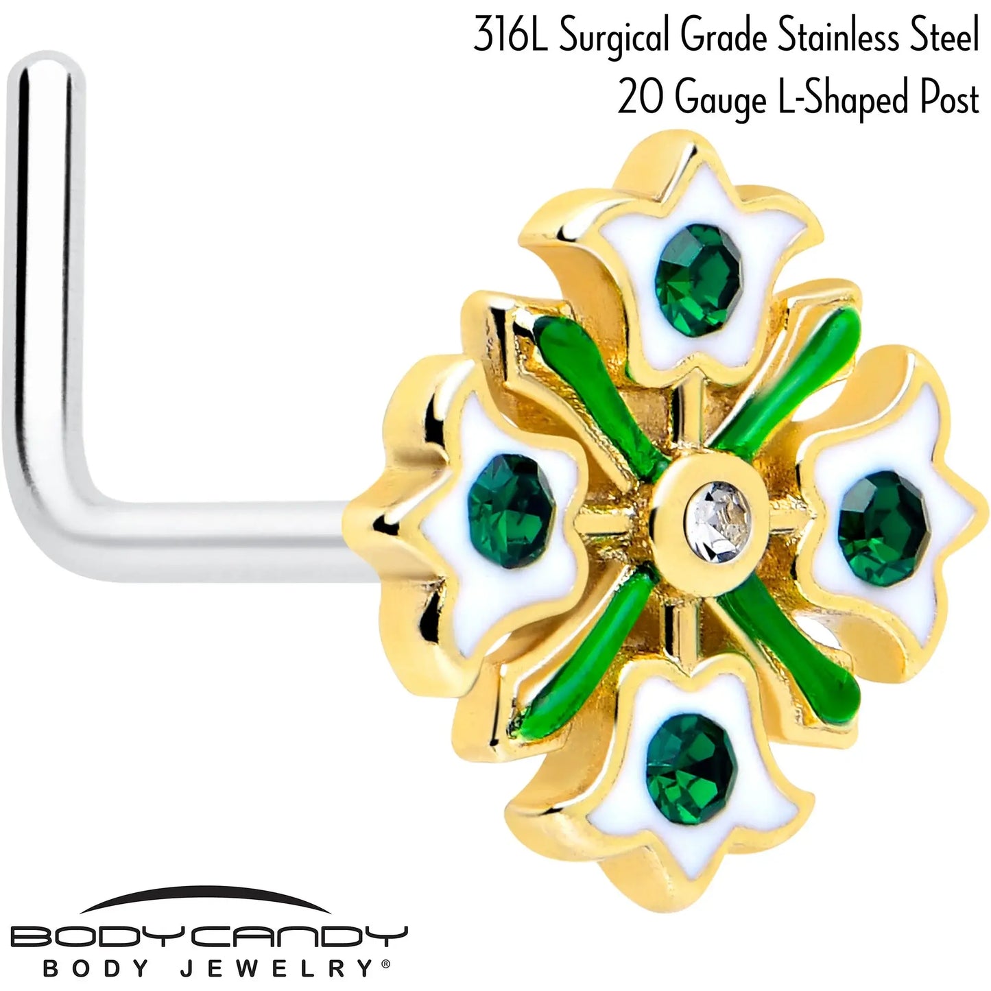 20G 7mm Green Gem Flower Wreath L Shape Nose Ring - BodyCandy - Flyclothing LLC