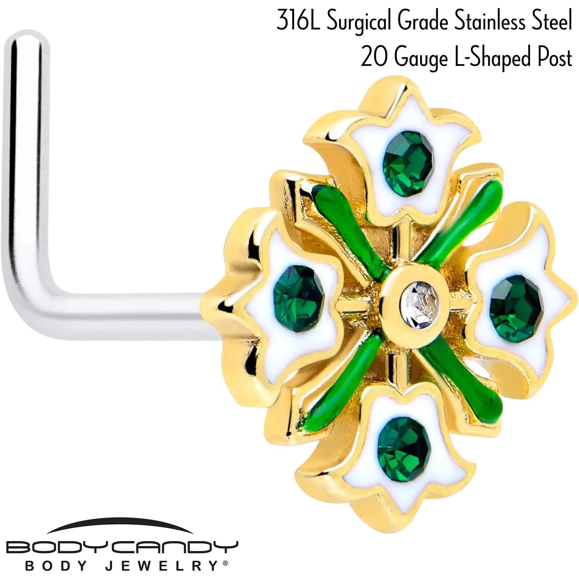 20G 7mm Green Gem Flower Wreath L Shape Nose Ring - BodyCandy - Flyclothing LLC