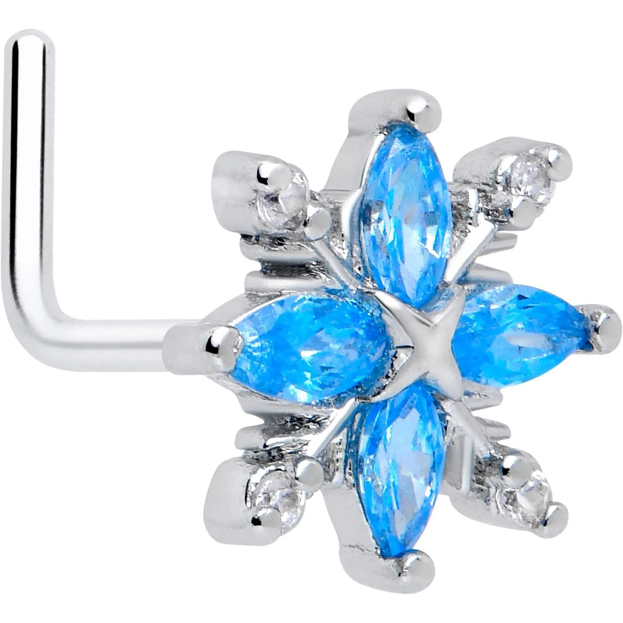 20G 7mm Blue CZ Gem Classic Flower L Shape Nose Ring - BodyCandy - Flyclothing LLC