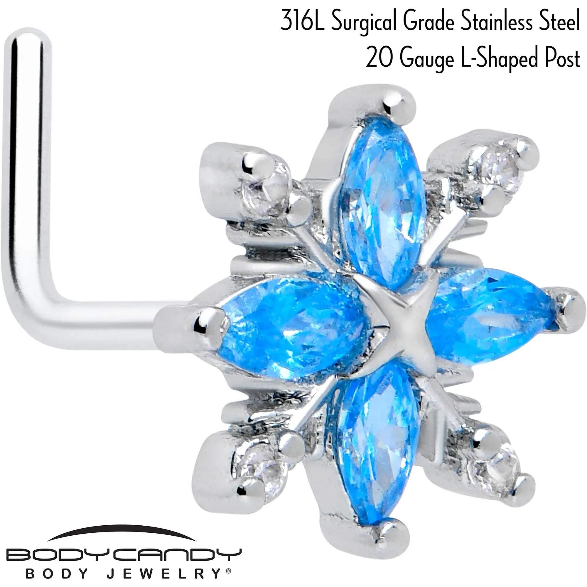 20G 7mm Blue CZ Gem Classic Flower L Shape Nose Ring - BodyCandy - Flyclothing LLC