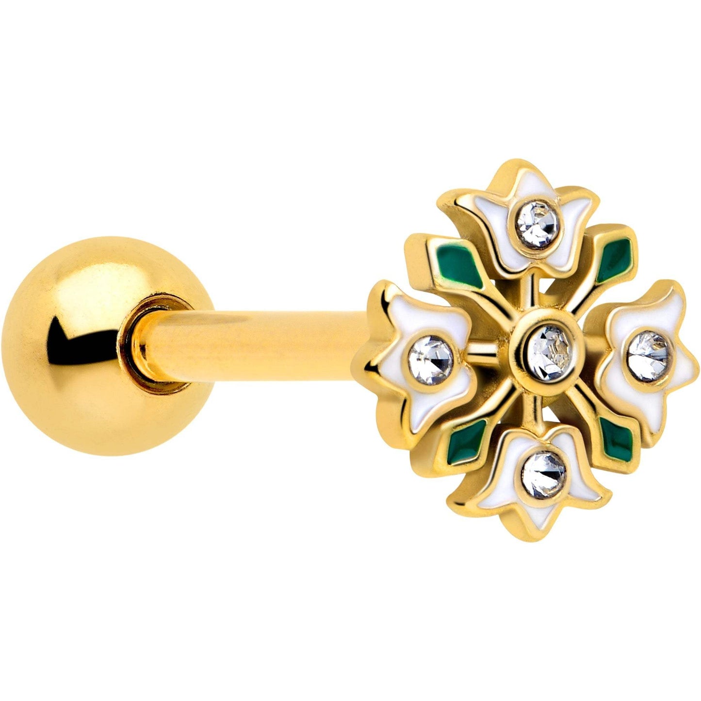 Clear Gem Gold Tone Flower Wreath Barbell Tongue Ring - BodyCandy - Flyclothing LLC