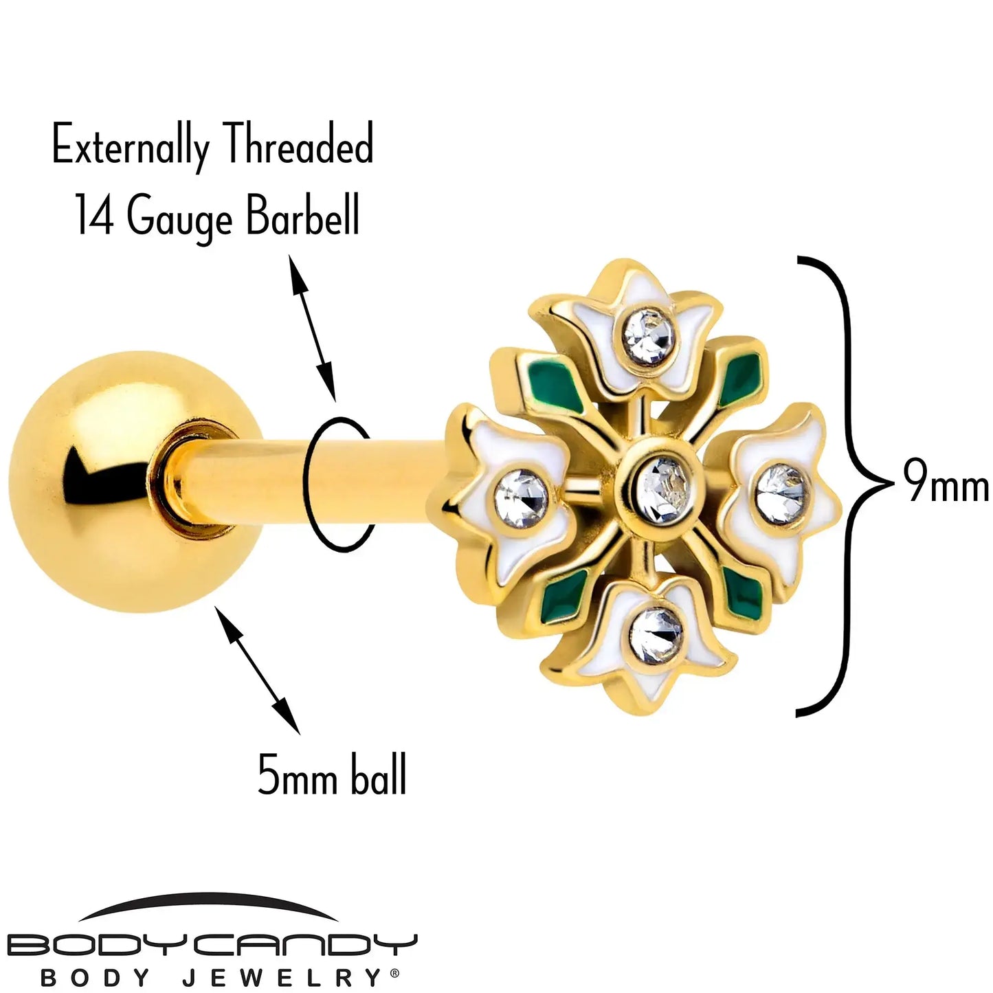 Clear Gem Gold Tone Flower Wreath Barbell Tongue Ring - BodyCandy - Flyclothing LLC