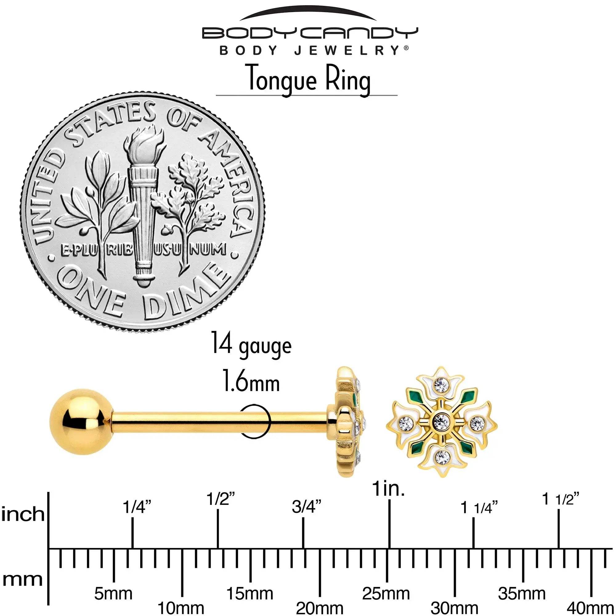 Clear Gem Gold Tone Flower Wreath Barbell Tongue Ring - BodyCandy - Flyclothing LLC