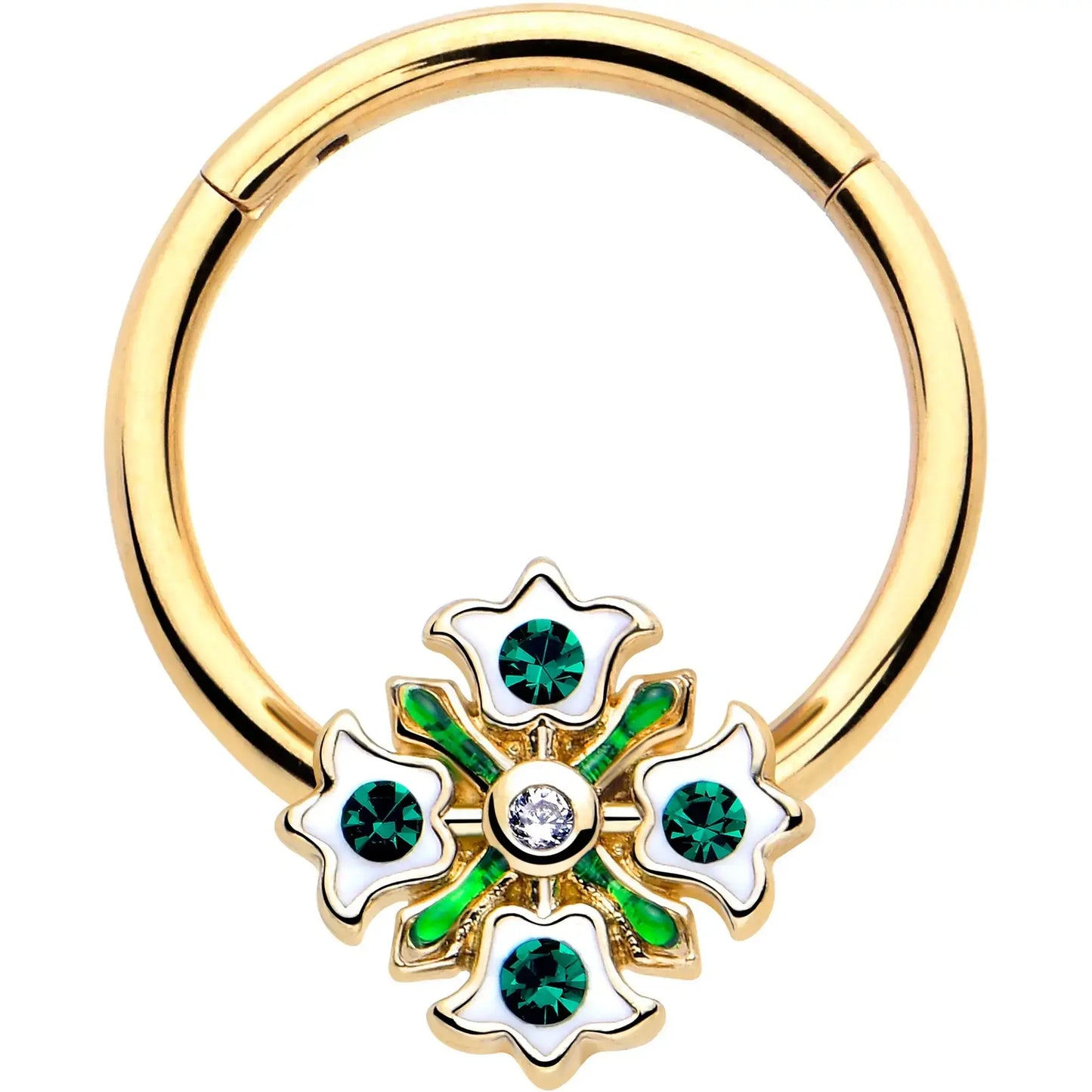 16G 3/8 Green Gem Gold Tone Flower Wreath Hinged Segment Ring - BodyCandy - Flyclothing LLC