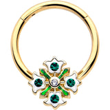 16G 3/8 Green Gem Gold Tone Flower Wreath Hinged Segment Ring - BodyCandy - Flyclothing LLC