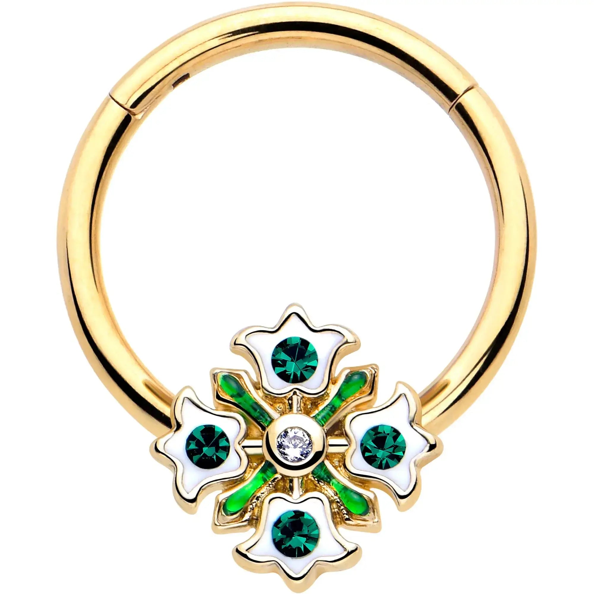 16G 3/8 Green Gem Gold Tone Flower Wreath Hinged Segment Ring - BodyCandy - Flyclothing LLC