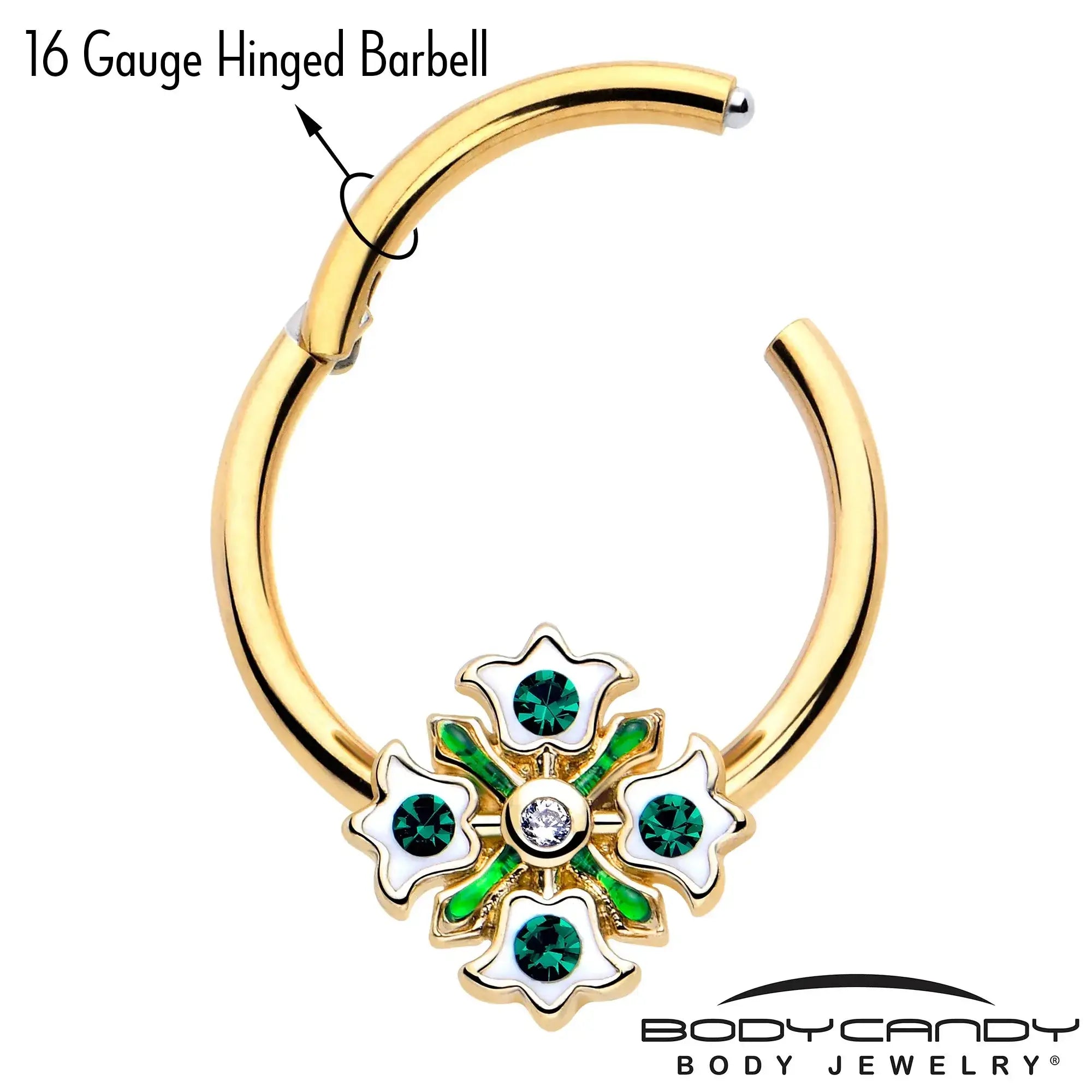 16G 3/8 Green Gem Gold Tone Flower Wreath Hinged Segment Ring - BodyCandy - Flyclothing LLC