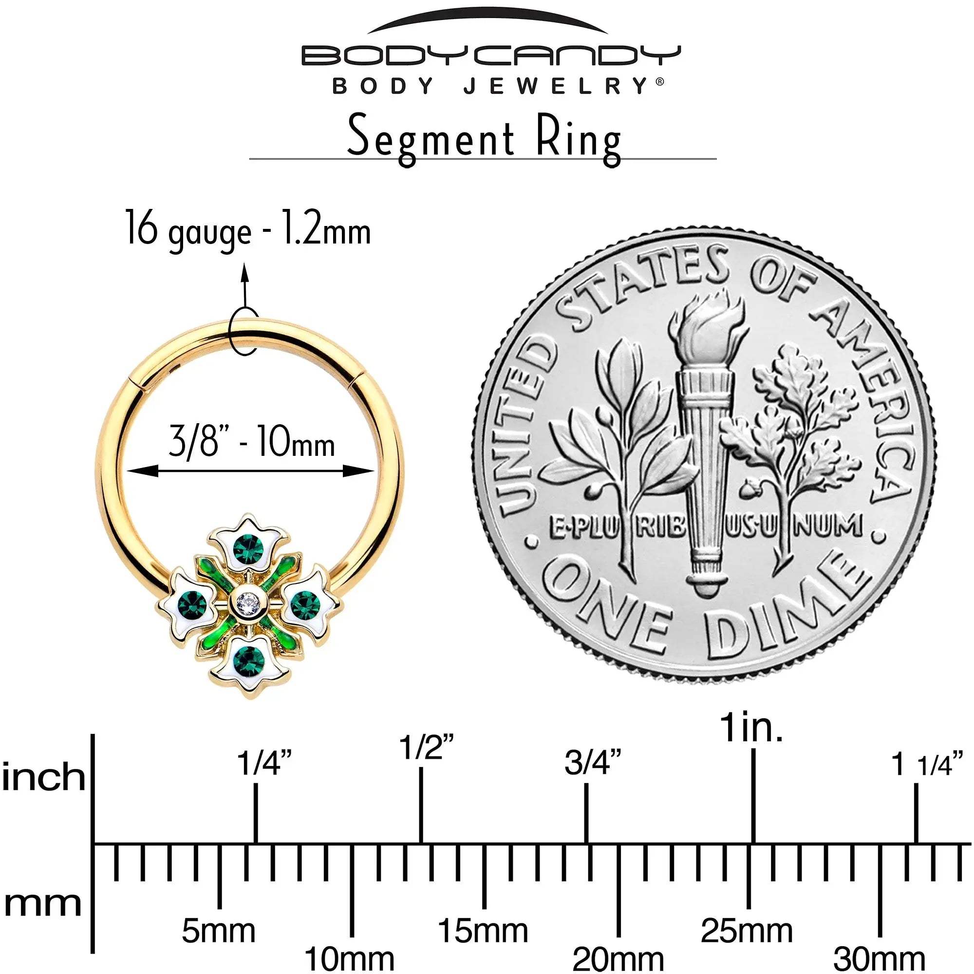 16G 3/8 Green Gem Gold Tone Flower Wreath Hinged Segment Ring - BodyCandy - Flyclothing LLC
