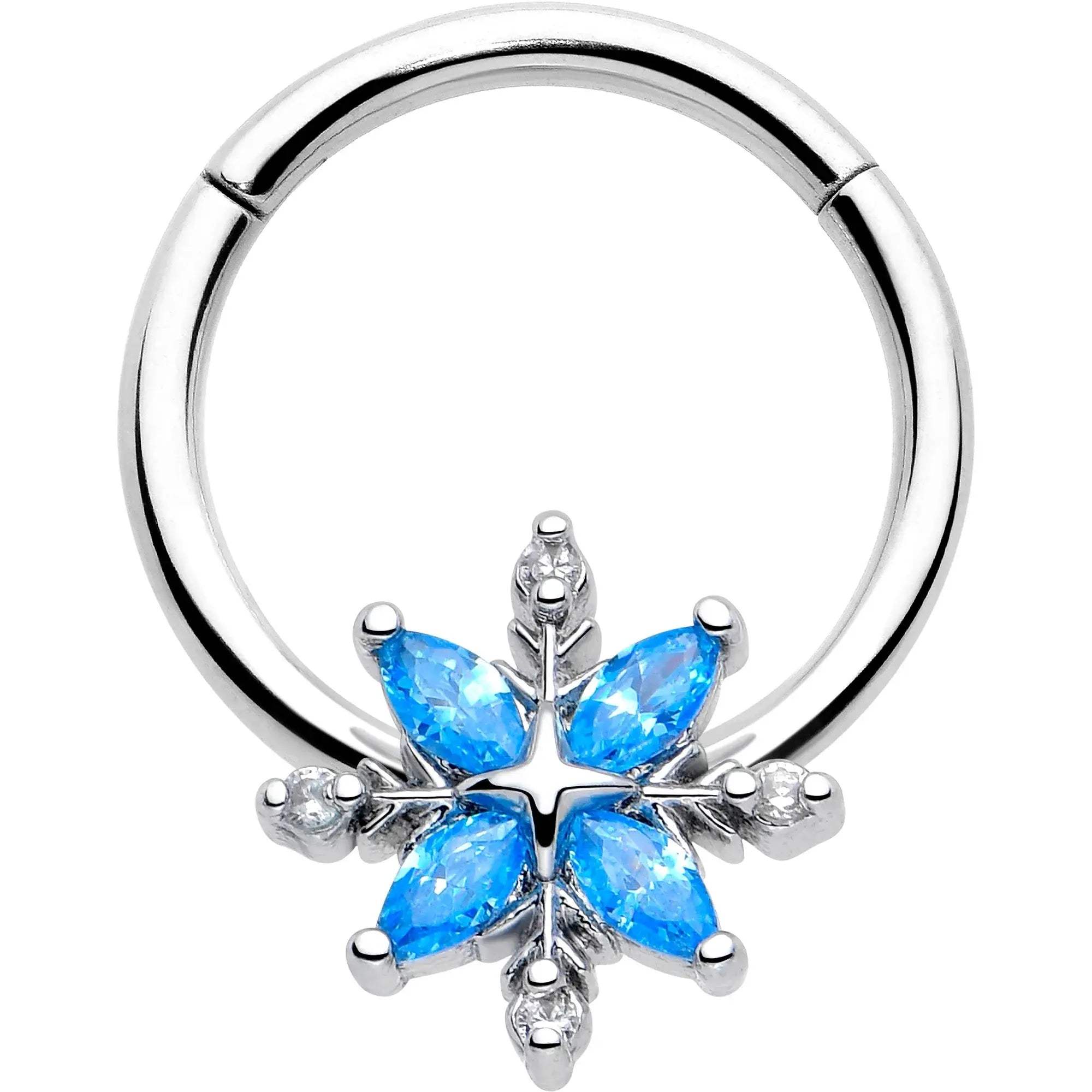 16G 3/8 Blue CZ Gem Classic Flower Hinged Segment Ring - BodyCandy - Flyclothing LLC