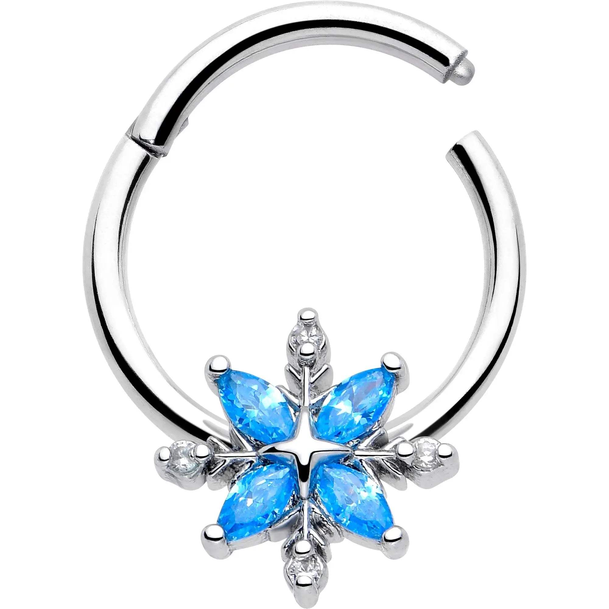 16G 3/8 Blue CZ Gem Classic Flower Hinged Segment Ring - BodyCandy - Flyclothing LLC