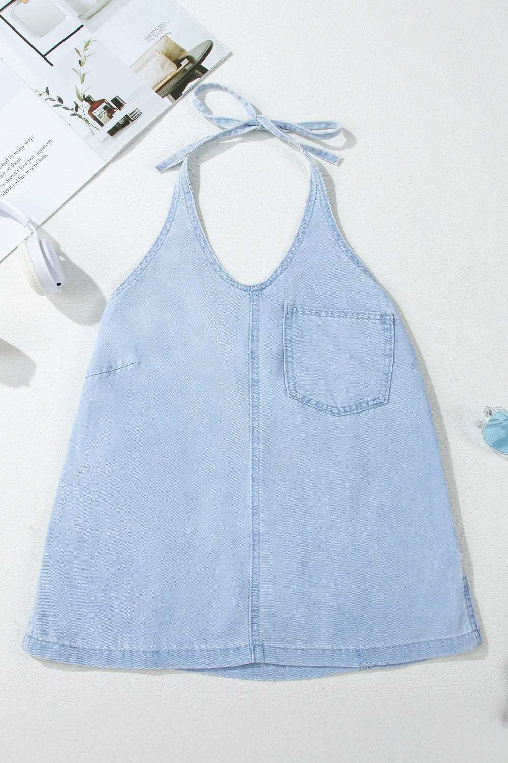 Backless Halter Neck Denim Top - Trendsi - Flyclothing LLC
