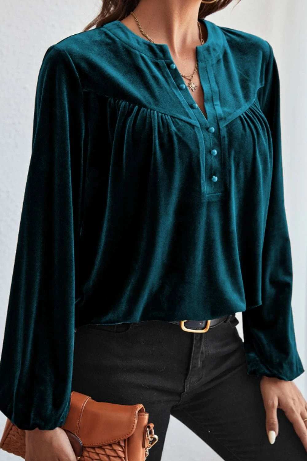 Notched Long Sleeve Velvet Top - Trendsi - Flyclothing LLC