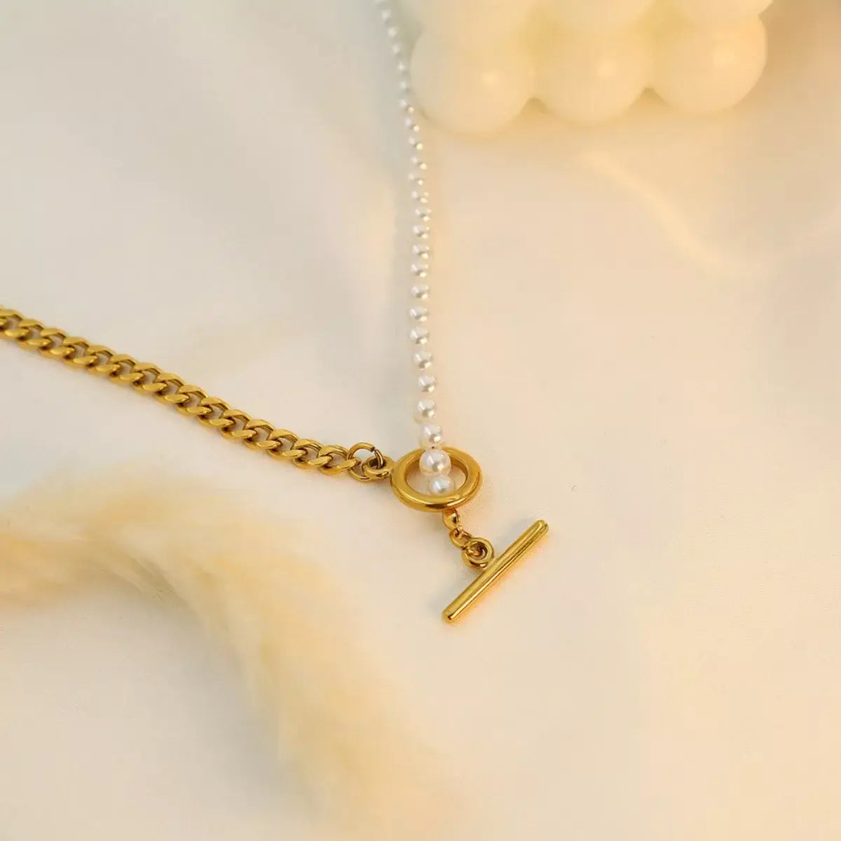 18K Gold-Plated Pearl Toggle Necklace - Trendsi - Flyclothing LLC