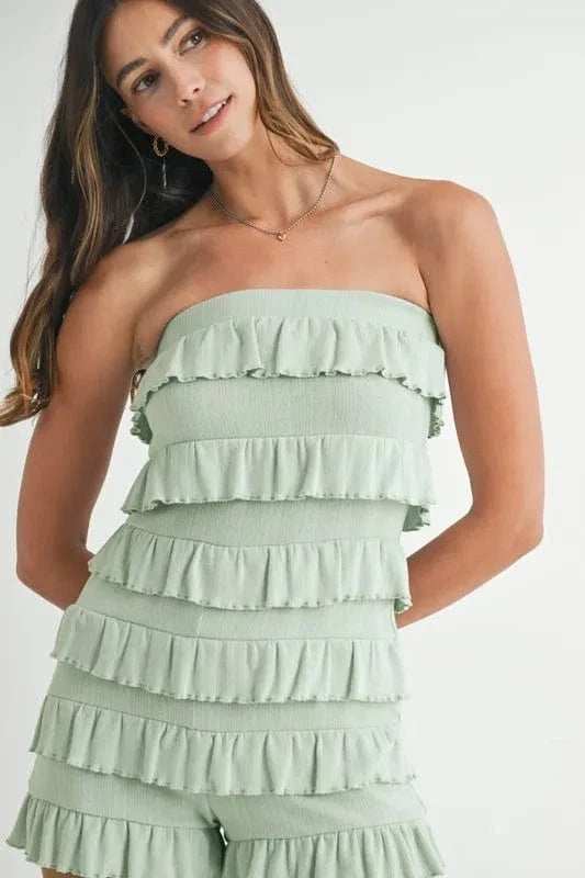 MABLE Pointelle Knit Fabric Ruffled Tube Romper - Trendsi - Flyclothing LLC