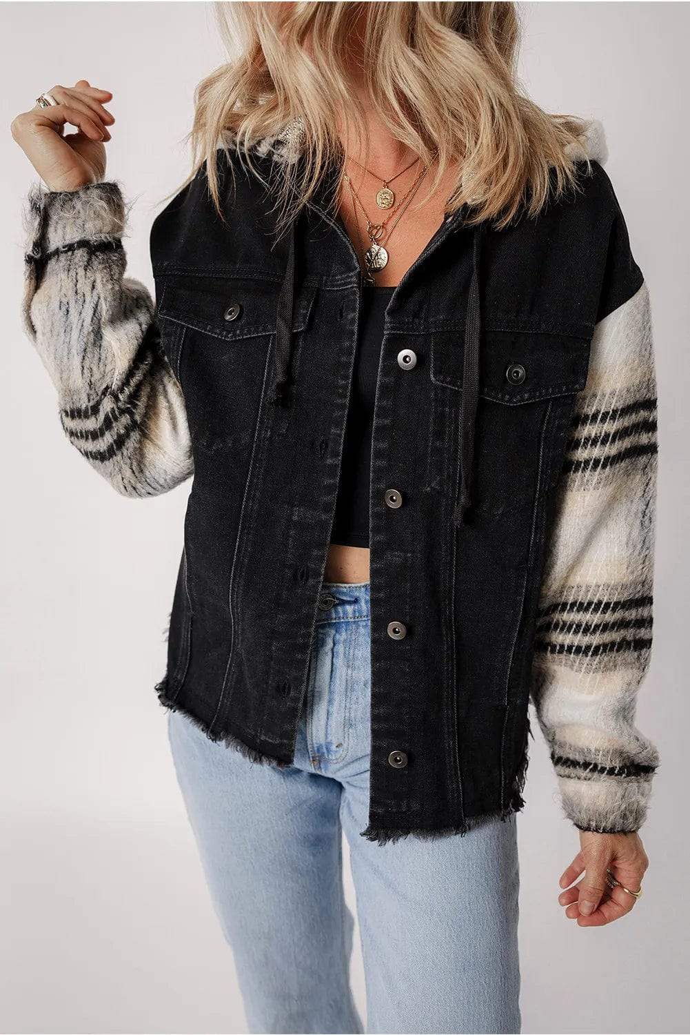 Drawstring Raw Hem Button Up Hooded Denim Jacket - Trendsi - Flyclothing LLC