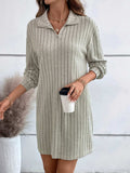 Ribbed Collared Neck Long Sleeve Dress - Trendsi - Flyclothing LLC