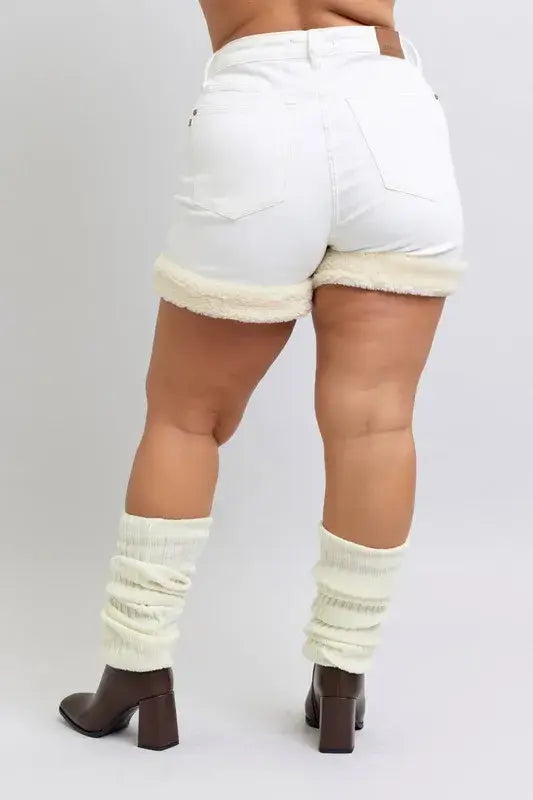 Judy Blue Full Size High Waist Shearling Cuff Denim Shorts Plus Size - Trendsi - Flyclothing LLC