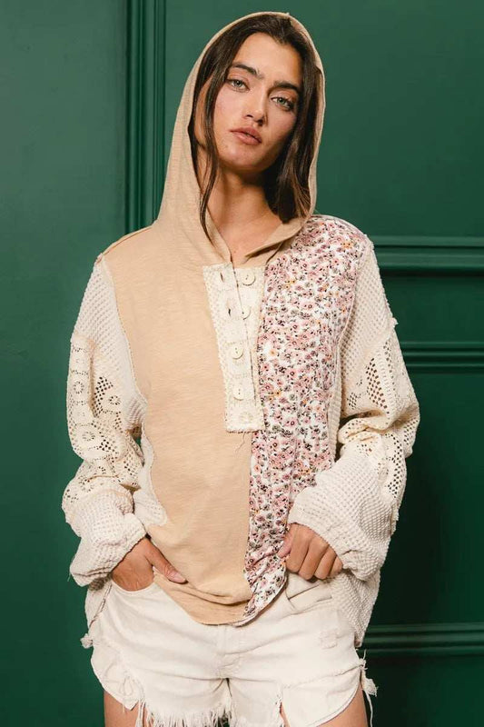 BiBi Slub Jersey with Lace Combo Buttoned Hoodie Top - Trendsi - Flyclothing LLC