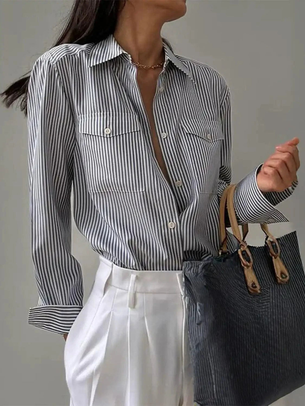 Devine Striped Collared Neck Long Sleeve Shirt - Trendsi