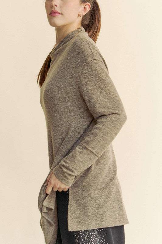 Davi & Dani Slit Mock Neck Long Sleeve Top - Trendsi - Flyclothing LLC