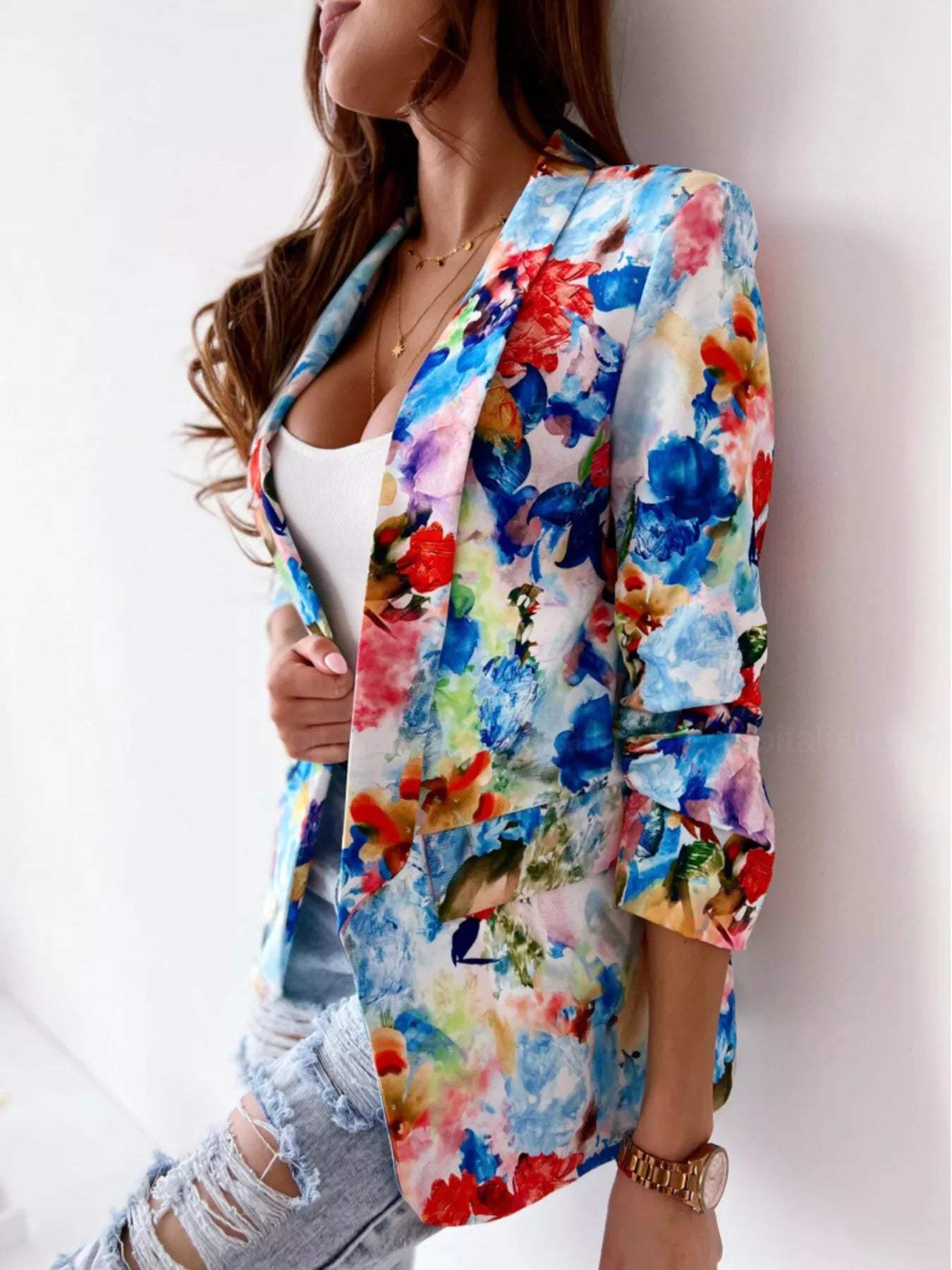 Vibrant Floral Print Open Front Blazer - Trendsi - Flyclothing LLC