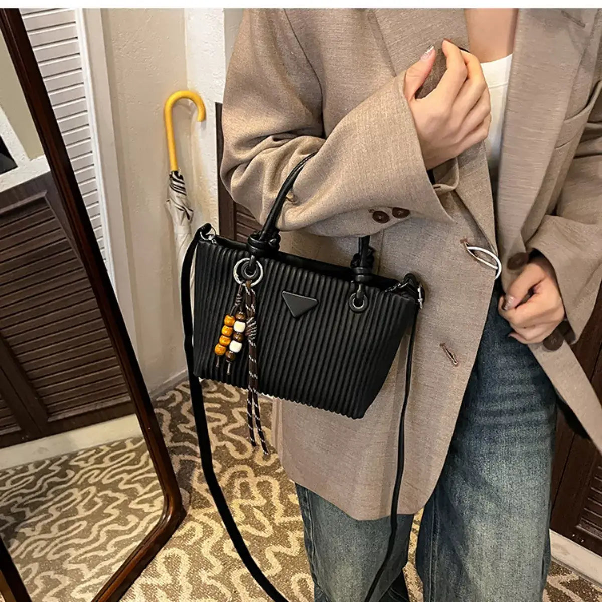 Textured Crossbody Bag with Top Handle - Trendsi - Flyclothing LLC