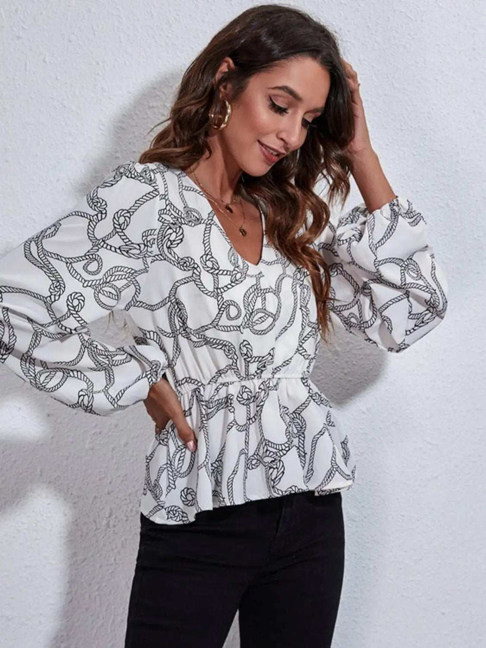 Ruched Printed V-Neck Long Sleeve Blouse - Trendsi - Flyclothing LLC