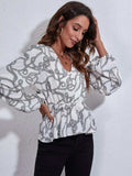 Ruched Printed V-Neck Long Sleeve Blouse - Trendsi - Flyclothing LLC