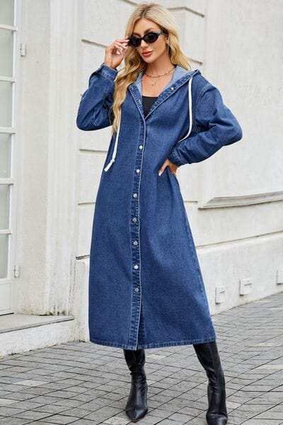 Button Up Long Sleeve Longline Hooded Denim Outerwear - Trendsi - Flyclothing LLC