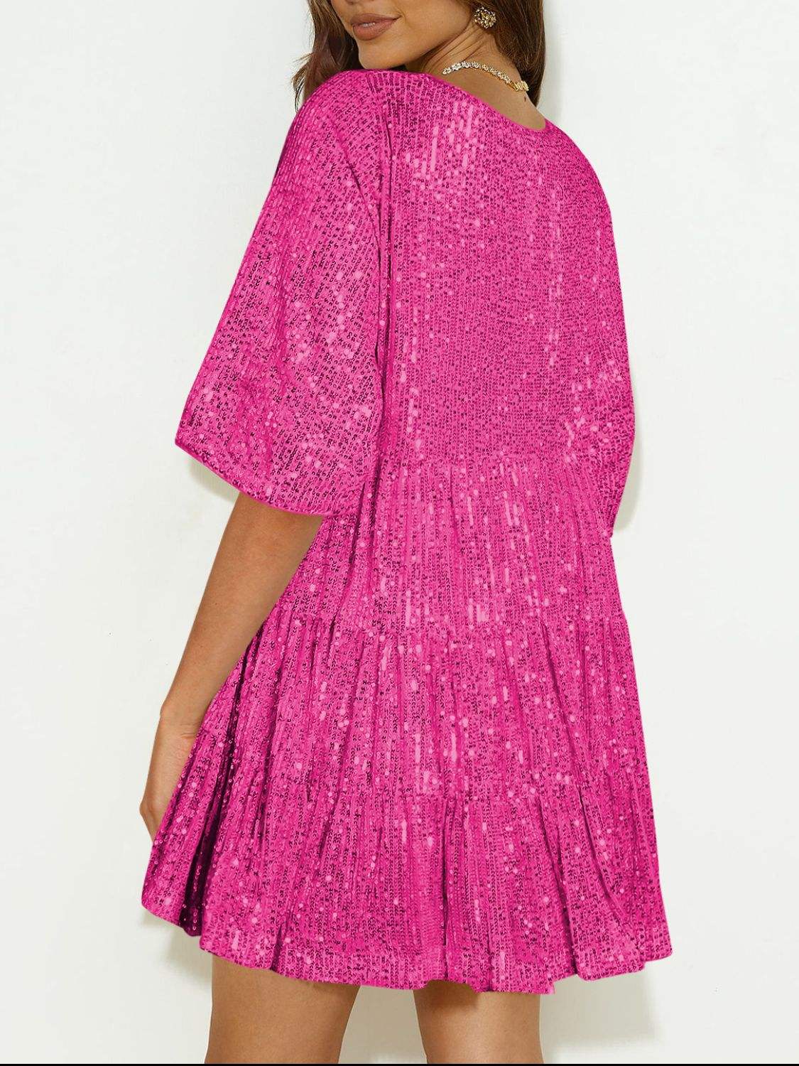 Sequin Round Neck Half Sleeve Mini Dress - Trendsi - Flyclothing LLC