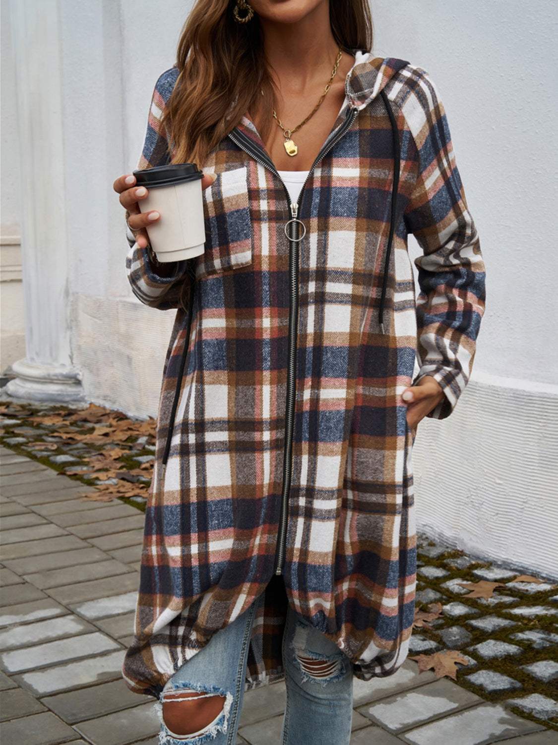 Plaid Zip Up Hooded Coat - Trendsi - Flyclothing LLC